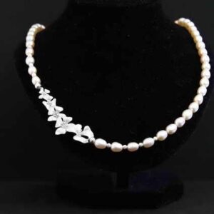 Pink Pearl Bridal Necklace with Rhodium Flowers “Persi”
