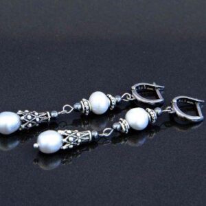 Rhodium Pearl Drop Earrings “Helena”