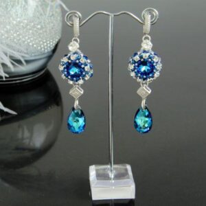 Сережки родій з синіми кристалами краплями та фіанітами Aquamarine Blue Довгі вечірні сережки Ручна робота