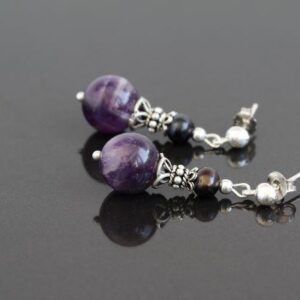 Сережки срібло з натуральним каменем аметистом та перлами Purple Drop Ручна робота