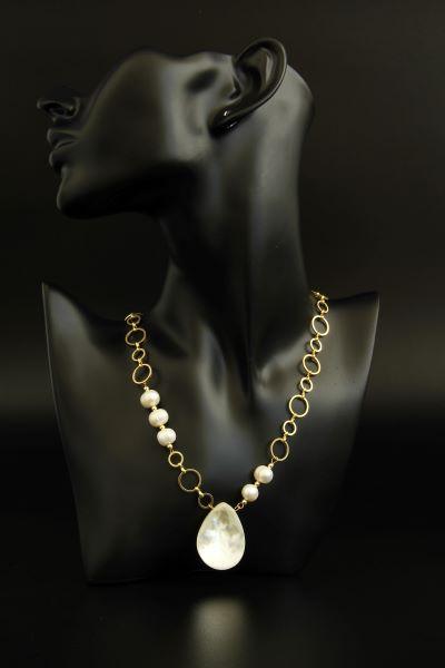 Gold Plated Baroque Pearl Necklace with Mother of Pearl Charm “Jacqueline”