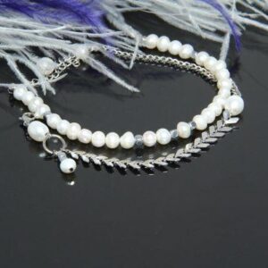 White Pearl Bracelet Set with Rhodium Chain “Paula”