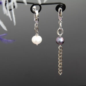 Asymmetrical Rhodium Plated Pearl Chain Earrings “Julie”