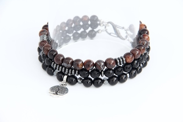 Multi Strand Natural Stone Men’s Bracelet “Richie” Agate Onyx Bull’s Eye Hematite - Image 5