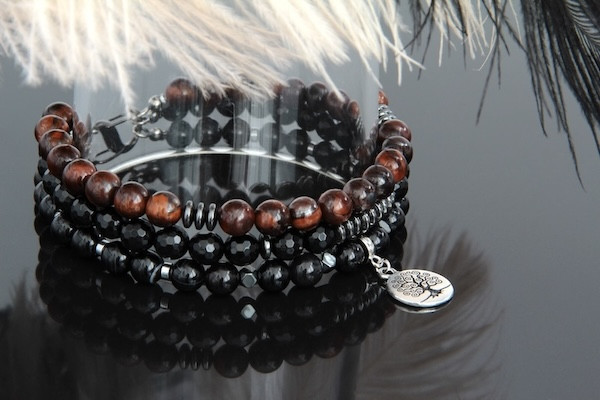 Multi Strand Natural Stone Men’s Bracelet “Richie” Agate Onyx Bull’s Eye Hematite - Image 2