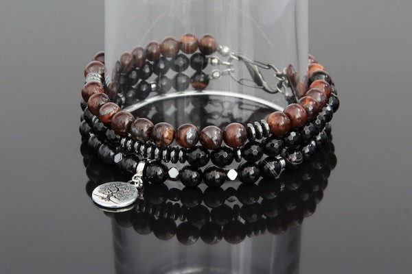 Multi Strand Natural Stone Men’s Bracelet “Richie” Agate Onyx Bull’s Eye Hematite