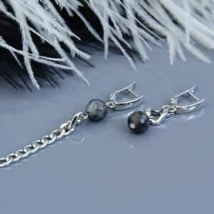 Asymmetrical Rhodium Plated Larvikite Earrings “Liora”