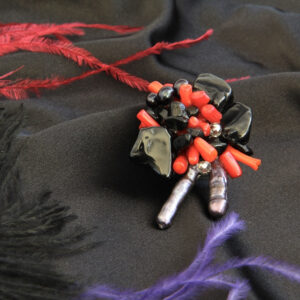 Black and Red Natural Stone Brooch “Cosmea” Coral Pearl Spinel
