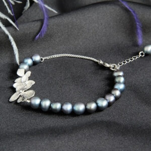 Blue Grey Pearl Adjustable Bracelet “Helena” Rhodium Plated