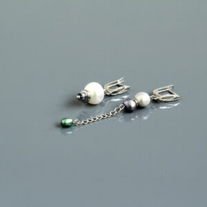 Rhodium Plated Pearl Earrings “Laverna” Asymmetrical Design