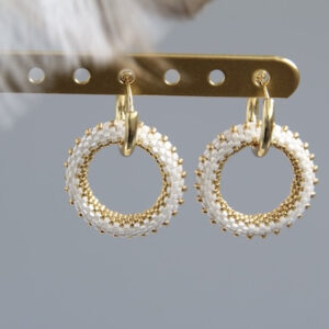 Gold and White Beaded Hoop Earrings “Albana”
