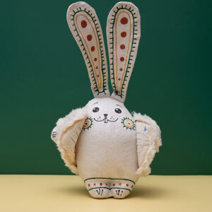 Vanilla Souvenir – Sitting Bunny in Embroidered Sheepskin Coat with Buckwheat Filling
