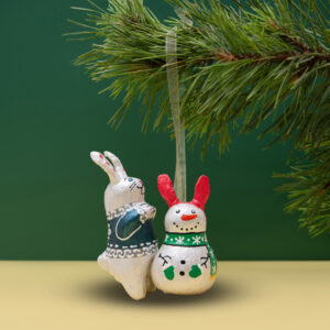 Christmas Ornament "Bunny Making a Snowman" (Sculpture)