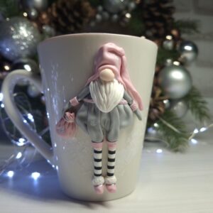 Mug "Gnome in Pink Hat" with Polymer Clay Decor