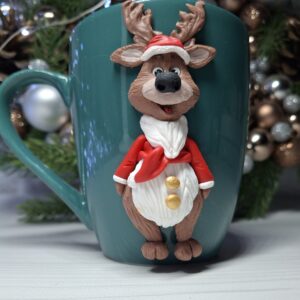 Christmas Mug "Deer" with Polymer Clay Decor