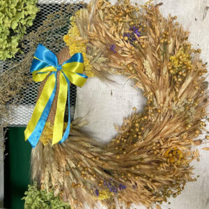 Interior Wreath from Grain Ears and Dried Flowers with Blue and Yellow Ribbon, 35 cm
