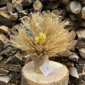 Christmas Didukh from Grain Ears and Flax with Dried Flowers "Blue and Yellow", 30 cm