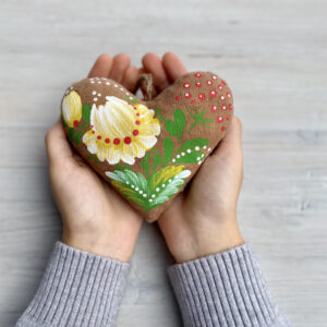 Coffee-Scented Souvenir – Heart with Yellow Petrykivka Flowers