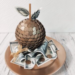 Souvenir Figurine “Apple with Coins” on Golden Dollar Plate – Handmade Gift