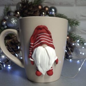 Mug "Gnome in Red Hat" with Polymer Clay Decor