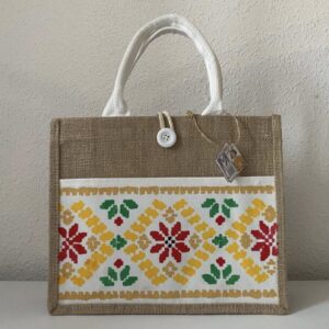 Hand-Painted Burlap Bag with Outer Linen Pocket and Button Closure