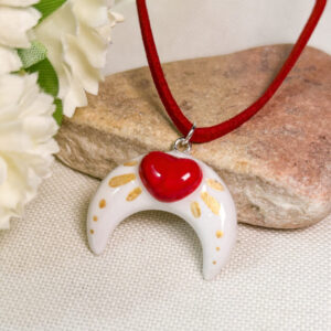 Hand Painted Lunula Pendant Black and Gold with Natural Pearl