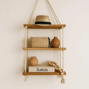 Three-Tier Hanging Solid Beech Shelf on Ropes