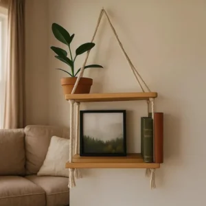 Two-Tier Hanging Beech Shelf, Natural Wood, Handmade