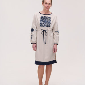Beige Linen Embroidered Dress Providna Zirka