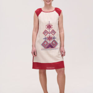 Burgundy Linen Embroidered Dress Infinity - Short Sleeve