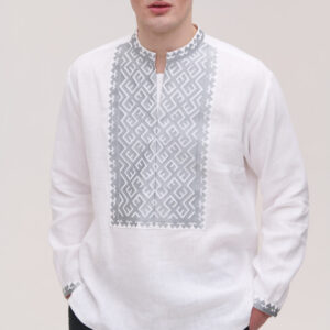 Men’s White Linen Vyshyvanka with Silver Pattern Podilya