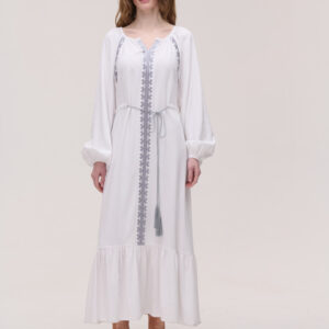 White Linen Embroidered Dress with Silver Embroidery Barvinok