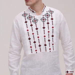 Men’s White Linen Vyshyvanka Krip with Red and Black Embroidery
