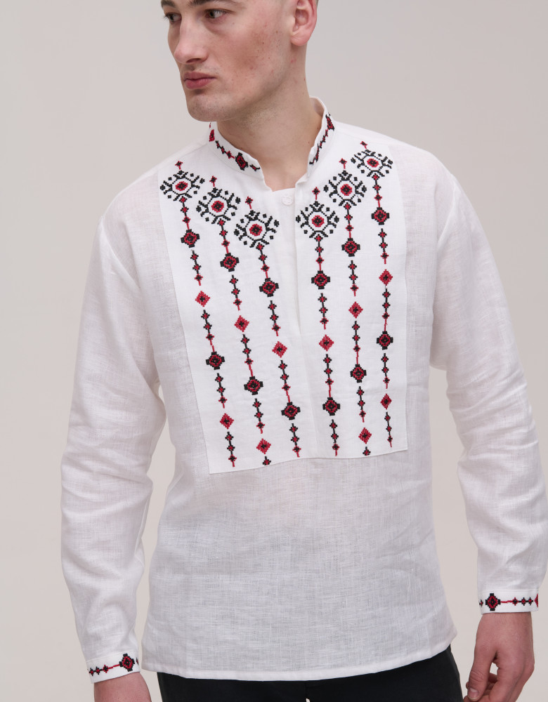 Men’s White Linen Vyshyvanka Krip with Red and Black Embroidery
