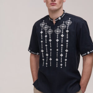 Men’s Blue Linen Vyshyvanka Krip - Short Sleeve