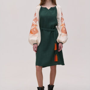 Green Linen Embroidered Dress Infinity