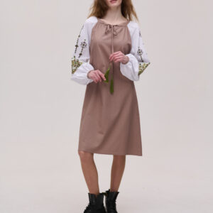 Brown Linen Embroidered Dress Krip